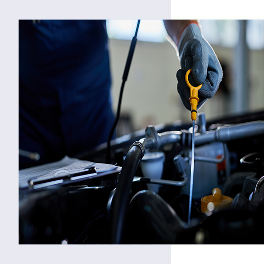 A mechanic checks oil levels in a car engine using a dipstick.